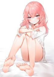 Rule 34 | 1girl, absurdres, bare legs, barefoot, bed sheet, blush, borrowed clothes, closed mouth, commentary, crossed arms, foot focus, foreshortening, highres, inui sajuna, knees up, long hair, looking at viewer, no pants, pink eyes, pink hair, shirt, sitting, solo, sono bisque doll wa koi wo suru, t-shirt, thighs, white shirt, yukineko1018