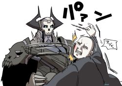 Rule 34 | 2boys, armor, bald, black cloak, black robe, clenched teeth, cloak, eiri (eirri), fate/grand order, fate (series), glowing, glowing eyes, harry potter (series), holding, holding wand, horns, king hassan (fate), male focus, multiple boys, pale skin, robe, simple background, skull, slap mark, slapping, spikes, teeth, voldemort, wand, white background, wizarding world