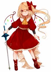 Rule 34 | 1girl, bad id, bad twitter id, bow, closed mouth, flandre scarlet, full body, gotou (nekocat), hair between eyes, hair bow, highres, holding, holding weapon, long hair, looking at viewer, nail polish, puffy sleeves, rapier, red bow, red footwear, red nails, red skirt, sack, short hair with long locks, side ponytail, simple background, skirt, smile, solo, standing, sword, touhou, weapon, white background, wings