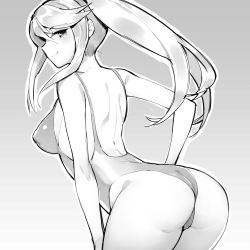 Rule 34 | 1girl, ass, ass focus, back, bare back, bent over, breasts, ge-b, gradient background, greyscale, looking at viewer, medium breasts, metroid, monochrome, nintendo, one-piece swimsuit, ponytail, samus aran, simple background, skin tight, smile, solo, swimsuit, tagme, thighs