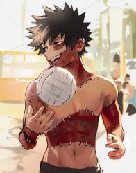 Rule 34 | 1boy, alternate eye color, artist name, bad id, bad twitter id, ball, black hair, blue eyes, boku no hero academia, bracelet, burn scar, cheek piercing, dabi (boku no hero academia), highres, jewelry, male focus, messy hair, multiple scars, navel, open mouth, piercing, scar, scar on hand, scar on neck, scar on stomach, sharl0ck, smile, solo focus, staple, stapled, topless male, volleyball, volleyball (object)