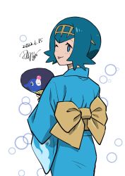 Rule 34 | 1girl, ;p, alternate costume, blue eyes, blue hair, blue kimono, bright pupils, bubble, character print, commentary request, creatures (company), dated, from behind, game freak, gen 7 pokemon, hairband, highres, japanese clothes, kimono, lana (pokemon), nintendo, no sclera, one-hour drawing challenge, one eye closed, pokemon, pokemon (anime), pokemon sm (anime), popplio, sash, short hair, signature, simple background, tamura (kouititamura), tongue, tongue out, white background, white pupils, yellow hairband, yellow sash