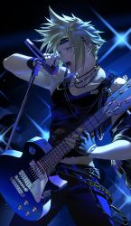 Rule 34 | 1boy, bare shoulders, belt, blonde hair, blue eyes, chain necklace, cloud strife, collarbone, cowboy shot, crop top, duoj ji, ear piercing, earrings, electric guitar, final fantasy, final fantasy vii, final fantasy vii remake, fingerless gloves, gloves, guitar, headband, highres, holding, holding instrument, holding microphone, instrument, jewelry, lip piercing, microphone, microphone stand, multiple belts, music, necklace, open mouth, piercing, solo, spiked hair, stage, stage lights
