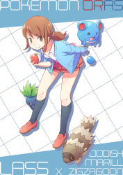Rule 34 | 1girl, :d, breasts, brown eyes, brown hair, character name, collared shirt, commentary request, copyright name, creature, creatures (company), game freak, gen 1 pokemon, gen 2 pokemon, gen 3 pokemon, grid background, holding, holding poke ball, lass (pokemon), looking at viewer, marill, miniskirt, nintendo, oddish, open mouth, poke ball, poke ball (basic), pokemon, pokemon (creature), pokemon oras, shirt, short hair, skirt, small breasts, smile, standing, toge nbo, white shirt, zigzagoon