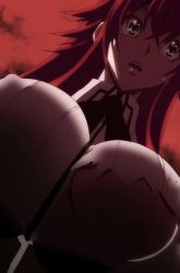 Rule 34 | 1girl, black neckwear, blue eyes, breasts, covered erect nipples, demon girl, high school dxd, highres, huge breasts, kuoh academy school uniform, necktie, open mouth, red hair, rias gremory, school uniform, screencap, sidelocks, sky, stitched, third-party edit, torn clothes, underboob