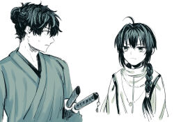 Rule 34 | &gt;:(, 1boy, 1other, ahoge, androgynous, black hair, braid, braided ponytail, closed mouth, commentary request, fate/samurai remnant, fate (series), frown, hair between eyes, hair intakes, hair over shoulder, japanese clothes, jitome, katana, kimono, long hair, looking at another, low-tied long hair, miyamoto iori (fate), monochrome, profile, shimazu., shirt, short hair, simple background, sketch, spiked hair, sweatdrop, sword, topknot, upper body, v-shaped eyebrows, weapon, white background, white shirt, yamato takeru (fate)