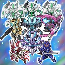 Rule 34 | black six, blue one, clenched hands, fighting stance, flying, gamiani zero, gold four, gun, majestic prince, mecha, no humans, purple two, red five, robot, rose three, salute, single eye, space, super robot wars, sword, weapon