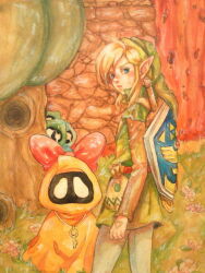 Rule 34 | 1boy, 1girl, 3others, belt, blonde hair, blue eyes, bow, day, grass, green headwear, green robe, hat, hylian shield, key, link, long sleeves, looking at viewer, morito leaf9, multiple others, nintendo, orange robe, outdoors, pink bow, pointy ears, robe, rosa (zelda), shield, shield on back, standing, subrosian, sword, the legend of zelda, the legend of zelda: oracle of seasons, tree, triforce, weapon