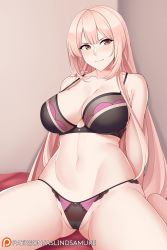 Rule 34 | 1girl, aslindsamure, bare shoulders, blush, bra, breasts, cleavage, closed mouth, collarbone, girls&#039; frontline, highres, large breasts, leaning back, long hair, looking at viewer, navel, panties, pink eyes, pink hair, purple bra, purple panties, sitting, smile, solo, thighs, ukm-2000 (girls&#039; frontline), underwear, wariza