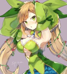 Rule 34 | 1girl, armpits, arms up, ascot, bad id, bad nicoseiga id, blonde hair, blush, bow, breasts, character name, cleavage, commentary request, detached collar, detached sleeves, flower, green bow, green eyes, grey background, hair bow, long hair, looking at viewer, medium breasts, nose blush, open mouth, plant, sennen sensou aigis, simple background, solo, spica (sennen sensou aigis), suminagashi, twintails, upper body, vines