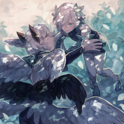 Rule 34 | 2boys, animal ears, bad id, bad pixiv id, bare shoulders, black wings, dappled sunlight, eye contact, feathered wings, floating, green eyes, hair ornament, hair over one eye, head wings, highres, leaf, leaf hair ornament, long hair, looking at another, low ponytail, male focus, multiple boys, multiple wings, open mouth, original, outstretched arms, ponytail, profile, rezia, short hair, single wing, smile, sunlight, toeless legwear, toes, white hair, white wings, wings