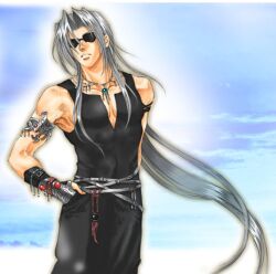 Rule 34 | 1boy, alternate costume, arm behind back, armlet, artist request, belt, black gemstone, black gloves, black pants, black shirt, black tank top, blue sky, cloud, cloudy sky, day, final fantasy, final fantasy vii, fingerless gloves, gem, gloves, green gemstone, grey hair, jewelry, long bangs, long hair, looking to the side, male focus, mixed media, multiple belts, necklace, outdoors, outer glow, pants, parted bangs, parted lips, pendant, red gemstone, sephiroth, shirt, sky, sleeveless, solo, source request, standing, sunglasses, tank top, upper body, v-neck, very long hair