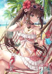 Rule 34 | 1girl, armlet, beach, bead bracelet, beads, bikini, bird, blue sky, blush, bow, bracelet, breasts, brown eyes, brown hair, cleavage, cloud, cup, drinking glass, eyewear on head, flower, food, frilled bikini, frills, fruit, hair flower, hair ornament, heart, heart necklace, high ponytail, highres, hirokazu (analysis-depth), holding, holding cup, jewelry, lemon, long hair, looking at viewer, melonbooks, nail polish, navel, navel piercing, necklace, original, outdoors, piercing, pink bikini, pink bow, pink ribbon, polka dot, polka dot bikini, red flower, red nails, ribbon, sitting, sky, small breasts, smile, solo, sunglasses, swimsuit, thigh strap