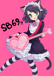 Rule 34 | 10s, 1girl, :d, animal ears, bad id, bad pixiv id, bell, black hair, blush, bow, cat ears, cat tail, curly hair, cyan (show by rock!!), dress, frilled dress, frilled skirt, frills, guitar, hair ornament, happy, heart guitar, hukasikasi, instrument, jingle bell, looking at viewer, open mouth, pink background, pink bow, show by rock!!, simple background, skirt, smile, solo, standing, strawberry heart (show by rock!!), striped clothes, striped thighhighs, tail, thighhighs, thighs
