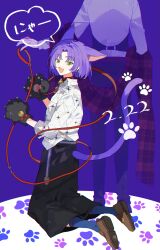Rule 34 | 2boys, animal collar, animal ears, animal hands, bell, black pants, blue background, blue socks, brown footwear, cat ears, cat paws, cat tail, collar, earrings, extra ears, facing away, fang, green eyes, head out of frame, highres, jewelry, kneeling, leash, loafers, looking at viewer, mahoutsukai no yakusoku, male focus, multiple boys, murr hart, neck bell, open mouth, pants, plaid, plaid scarf, purple hair, sakuraihum, scarf, shirt, shoes, short hair, shylock bennett, skin fang, socks, speech bubble, tail, translation request, white shirt