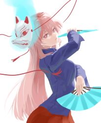 Rule 34 | 1girl, blue shirt, closed mouth, collared shirt, commentary request, cowboy shot, expressionless, folding fan, fox mask, hair between eyes, hand fan, hata no kokoro, highres, holding, kiminami, long hair, long sleeves, looking at viewer, mask, mask on head, orange skirt, pink eyes, pink hair, shirt, simple background, skirt, solo, touhou, very long hair, white background