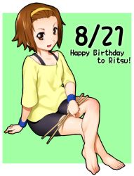 Rule 34 | 1girl, barefoot, bike shorts, brown eyes, brown hair, casual, drumsticks, feet, green background, hairband, happy birthday, k-on!, crossed legs, looking at viewer, onsoku inu, open mouth, short hair, sitting, solo, tainaka ritsu, toes, wristband