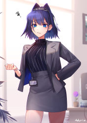 Rule 34 | 1girl, :/, absurdres, adarin, alternate costume, blazer, blue eyes, blue hair, breasts, checking watch, closed mouth, cowboy shot, desk, grey jacket, grey skirt, hair intakes, hand on own hip, head chain, highres, hololive, hololive english, id card, indoors, jacket, jewelry, office, office lady, ouro kronii, pencil skirt, ribbon earrings, shirt, shirt tucked in, short hair, skirt, solo, spoken squiggle, squiggle, striped clothes, striped shirt, suit jacket, thighs, v-shaped eyebrows, vertical-striped clothes, vertical-striped shirt, virtual youtuber, watch, wristwatch