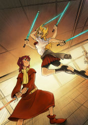 Rule 34 | 2girls, animification, ankle boots, battle, bike shorts, blonde hair, blouse, boots, braces, breasts, ceiling, character request, clenched teeth, clothes around waist, colored sclera, crossover, dutch angle, emphasis lines, extra arms, fighting stance, from side, genderswap, genderswap (mtf), general grievous, glowing, glowing sword, glowing weapon, grieve-tan, hair ornament, hairclip, high heel boots, high heels, highres, indoors, jedi, light smile, long hair, multiple girls, parody, parted bangs, pleated skirt, psuede, quadruple wielding, school uniform, sharp teeth, shinai, shirt, shorts, shorts under skirt, skirt, slit pupils, small breasts, star wars, sweater, sweater around waist, sword, teeth, the sword in the stone, weapon, white shirt, yellow sclera