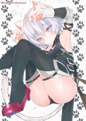 Rule 34 | 1girl, :o, animal ear fluff, animal ears, animal hands, armpits, arms up, ass, bandaged arm, bandages, black footwear, black panties, black shirt, black thighhighs, blush, boots, breasts, cat ears, cat girl, cat tail, commentary request, facial scar, fate/apocrypha, fate/grand order, fate (series), feet out of frame, gloves, grey background, grey eyes, hair between eyes, jack the ripper (fate/apocrypha), kemonomimi mode, knees together feet apart, panties, parted lips, paw gloves, paw print, paw print background, scar, scar across eye, scar on cheek, scar on face, shirt, sideboob, silver hair, sleeveless, sleeveless shirt, small breasts, solo, suzuho hotaru, tail, thigh boots, thighhighs, twitter username, underwear, white gloves
