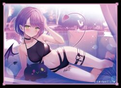 Rule 34 | 1girl, bare legs, bibi (tokoyami towa), bikini, black choker, blush, bracelet, breasts, choker, cleavage, collarbone, commentary, demon girl, demon tail, demon wings, ear piercing, english commentary, green eyes, hair ornament, hairclip, hairpin, hololive, jewelry, leg tattoo, looking at viewer, lying, mascot, medium breasts, navel, on side, parted lips, paruies, piercing, pillow, pointy ears, pool, poolside, purple hair, short hair, signature, solo, sparkle, stomach, sweat, swimsuit, tail, tail ornament, tail piercing, tattoo, thighs, tokoyami towa, virtual youtuber, wet, wet hair, wings, x hair ornament