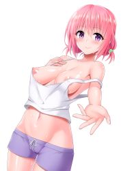 Rule 34 | 1girl, absurdres, armpits, bare shoulders, blush, breasts, cameltoe, collarbone, hand on own chest, highres, medium breasts, momo velia deviluke, navel, nipples, pink hair, purple eyes, unworn shirt, short hair, short shorts, short twintails, shorts, smile, solo, sweat, tank top, taro kasukabe, thigh gap, thighs, to love-ru, transparent background, twintails