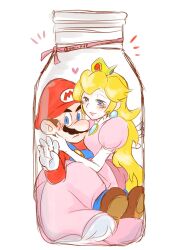 Rule 34 | 1boy, 1girl, blonde hair, blue eyes, blush, breast press, breasts, brooch, brown hair, dress, earrings, facial hair, full body, glass bottle, gloves, hat, heart, hug, jewelry, long hair, looking at another, looking at viewer, mario, mario (series), mustache, nintendo, overalls, pink dress, princess peach, sitting, sitting on lap, sitting on person, spoken heart, super mario bros. 1, sweat, uni x64