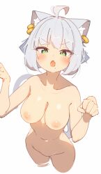 Rule 34 | 1girl, ahoge, animal ear fluff, animal ears, breasts, cat ears, claw pose, completely nude, cowboy shot, cropped legs, ear piercing, fang, glaring, green eyes, hands up, highres, large breasts, looking at viewer, mole, mole under mouth, nipples, nude, open mouth, original, piercing, rasusurasu, short hair, simple background, skin fang, solo, v-shaped eyebrows, white background, white hair
