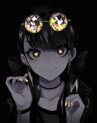 Rule 34 | 1girl, black background, black hair, black jacket, black theme, brown eyes, closed mouth, collarbone, commentary, earrings, english commentary, eyewear on head, fingernails, glowing nails, grey shirt, hands up, highres, jacket, jewelry, lam (ramdayo), long hair, looking at viewer, multicolored nails, nail art, nail polish, open clothes, open jacket, original, shirt, simple background, smile, solo, upper body