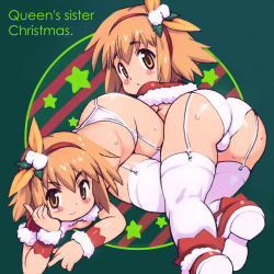 Rule 34 | 2girls, :o, ass, blush, brown eyes, chocolat queen, english text, engrish text, garter belt, girl on top, green background, hair ornament, hairband, hand on own cheek, hand on own face, highres, holly, looking at viewer, looking back, lying, marron queen, mistletoe, multiple girls, on person, on side, orange hair, original, panties, plump, ranguage, santa costume, shiny skin, siblings, sisters, star (symbol), sweat, thighhighs, trefoil, twins, underwear, underwear only, white panties, yu 3