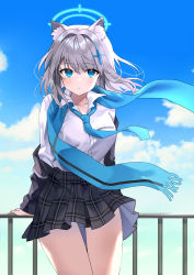 Rule 34 | 1girl, absurdres, against railing, animal ear fluff, animal ears, arms behind back, blue archive, blue eyes, blue jacket, blue necktie, blue scarf, blue sky, blush, breast pocket, breasts, cat ears, churi (oxxchurixxo), closed mouth, cloud, cloudy sky, collarbone, collared shirt, cowboy shot, cross hair ornament, floating hair, floating scarf, grey hair, hair ornament, halo, high-waist skirt, highres, jacket, large breasts, long sleeves, looking at viewer, medium hair, necktie, off shoulder, open clothes, open jacket, partially undressed, plaid, plaid skirt, pleated skirt, pocket, railing, scarf, school uniform, shiroko (blue archive), shirt, shirt tucked in, skirt, sky, solo, striped clothes, striped scarf, thighs, white shirt, wing collar
