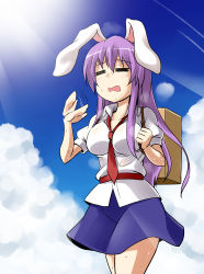 Rule 34 | 1girl, = =, animal ears, between breasts, breasts, fanning face, kousei (public planet), light rays, necktie, necktie between breasts, purple hair, rabbit ears, red necktie, reisen udongein inaba, solo, summer, sunbeam, sunlight, sweat, touhou, wavy mouth