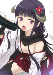 Rule 34 | 10s, 1girl, black hair, black thighhighs, blush, censored, convenient censoring, ehoumaki, fellatio, flat chest, flower, food, hair flower, hair ornament, horns, inu x boku ss, japanese clothes, joy ride, long hair, looking at viewer, makizushi, off shoulder, open clothes, open mouth, oral, purple eyes, saliva, scarf, setsubun, sexually suggestive, shirakiin ririchiyo, simulated fellatio, solo, sushi, thighhighs, tongue, tongue out