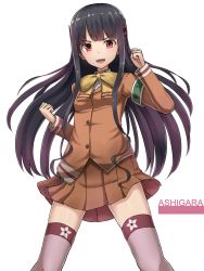 Rule 34 | 10s, 1girl, aoki hagane no arpeggio, armband, ashigara (aoki hagane no arpeggio), black hair, character name, fangs, highres, long hair, red eyes, school uniform, solo, standing, thighhighs, yakob labo