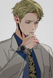 Rule 34 | 1boy, animal print, blonde hair, blue shirt, brown eyes, collared shirt, formal, goggles, grey suit, hand on own chin, holding, holding goggles, jacket, jujutsu kaisen, leopard print, long sleeves, male focus, nanami kento, necktie, shirt, short hair, solo, suit, suit jacket, upper body, watch, wristwatch, yappdoll