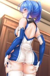 Rule 34 | 1girl, ass, azur lane, bare shoulders, blue hair, blush, breasts, cowboy shot, dress, dutch angle, elbow gloves, from behind, garter straps, gloves, highres, indoors, ipuu (el-ane koubou), large breasts, looking at viewer, looking back, microdress, naughty face, panties, ponytail, profile, purple eyes, sideboob, smile, solo, st. louis (azur lane), standing, thick thighs, thighhighs, thighs, underwear, white panties, white thighhighs