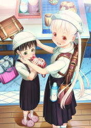 Rule 34 | 2girls, :d, adjusting clothes, adjusting headwear, age difference, aiuabo, albino, backpack, bag, black eyes, black hair, black skirt, blush, bottle, braid, child, commentary request, cup, drinking, egg, hat, highres, holding, holding bottle, indoors, long hair, looking at viewer, medium skirt, mug, multiple girls, open mouth, original, pink footwear, placemat, plate, pleated skirt, pouch, red eyes, rug, shirt, short sleeves, siblings, sisters, skirt, slippers, smile, socks, standing, summer uniform, suspender skirt, suspenders, table, twintails, uniform, very long hair, water bottle, white hair, white headwear, white legwear, white shirt