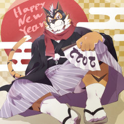 Rule 34 | 1boy, 2022, absurdres, animal ears, bara, black kimono, chinese zodiac, facial hair, forked eyebrows, full body, furry, furry male, goatee, grin, hakama, hakama skirt, happy new year, highres, japanese clothes, kanato (sakehabera), kimono, live a hero, looking at viewer, male focus, mask, new year, orange fur, ryekie (live a hero), sandals, short hair, skirt, smile, socks, solo, tiger boy, tiger ears, year of the tiger