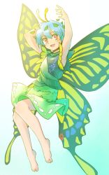 Rule 34 | 1girl, antennae, aqua hair, bare legs, barefoot, blush, butterfly wings, dress, eternity larva, fairy, full body, green dress, hair between eyes, insect wings, leaf, leaf on head, multicolored clothes, multicolored dress, one-hour drawing challenge, open mouth, orange eyes, rangycrow, short hair, short sleeves, single strap, smile, solo, touhou, wings