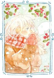 Rule 34 | 1girl, arched bangs, blue eyes, blush, brown coat, coat, highres, long hair, long sleeves, mittens, oniheya 53, open mouth, original, painting (medium), plaid, plaid scarf, red mittens, scarf, signature, traditional media, upper body, watercolor (medium), wavy hair, white hair