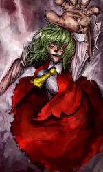 Rule 34 | 1girl, ascot, breasts, evil smile, female focus, from above, glowing, glowing eyes, green hair, kazami yuuka, matsutake umeo, messy hair, reaching, reaching towards viewer, red eyes, shirt, skirt, skirt set, smile, solo, torn clothes, touhou, umbrella, vest
