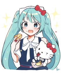 Rule 34 | 1girl, animal, animal ears, aoiyui, aqua eyes, aqua hair, bare shoulders, blue dress, bow, buttons, cake, cake slice, cat, cat ears, commentary, dress, fake animal ears, food, fork, hair bow, hatsune miku, heart, hello kitty (character), highres, holding, holding animal, holding cake, holding food, holding fork, jewelry, light blush, looking at viewer, open mouth, pinafore dress, project sekai, red bow, ring, sanrio, shirt, shoulder tattoo, sidelocks, signature, simple background, sleeveless, sleeveless dress, smile, sparkle, symbol-only commentary, tattoo, twintails, twintails day, vocaloid, white background, white shirt