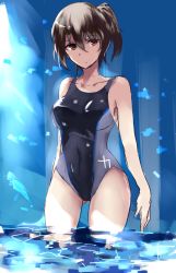Rule 34 | 10s, 1girl, alternate costume, brown eyes, brown hair, collarbone, competition swimsuit, highres, kaga (kancolle), kantai collection, moruchi (rinaka moruchi), one-piece swimsuit, short hair, sketch, solo, swimsuit, wading, water