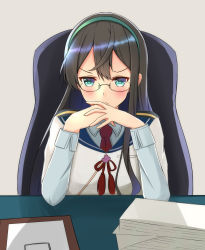 Rule 34 | 1girl, black hair, blue sailor collar, chair, clipboard, commentary request, gendou pose, green eyes, green hairband, hairband, hands clasped, highres, kantai collection, long hair, long sleeves, necktie, ooyodo (kancolle), own hands clasped, own hands together, paper, red necktie, sailor collar, school uniform, semi-rimless eyewear, serafuku, sitting, solo, table, toyomi 13, under-rim eyewear, upper body, v-shaped eyebrows