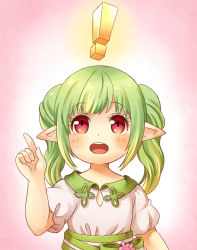 Rule 34 | !, 10s, 1girl, bad id, bad pixiv id, dress, final fantasy, final fantasy xiv, green hair, highres, lalafell, long hair, open mouth, pointy ears, red eyes, smile, solo, twc (p-towaco), twintails, upper body, warrior of light (ff14)