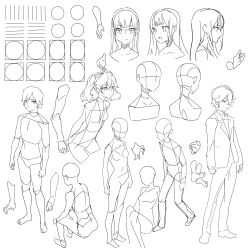 Rule 34 | 2boys, 2girls, arms behind back, bad id, bad twitter id, blunt bangs, cancell, character sheet, closed mouth, formal, frown, greyscale, hair between eyes, highres, lineart, long hair, monochrome, multiple boys, multiple girls, open mouth, original, simple background, sitting, sketch, smile, standing, suit, tongue, twintails, walking, white background