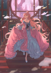 Rule 34 | 1girl, blunt bangs, brooch, commentary request, dress, earrings, fish, flying fish, frilled dress, frills, full body, glass slipper, hair bun, half updo, high heels, highres, indoors, jewelry, layered sleeves, long dress, long hair, long sleeves, looking at viewer, nishiki areku, off-shoulder dress, off shoulder, parted lips, pink dress, pink hair, pixiv fantasia, pixiv fantasia age of starlight, railing, round window, shadow, single hair bun, skirt hold, smile, solo, stairs, transparent, very long hair, walking, window, yellow eyes