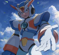 Rule 34 | 1boy, absurdres, arm at side, armor, blue bodysuit, blue headwear, blue sky, bodysuit, cloud, cloudy sky, commentary, commentary request, cowboy shot, day, english commentary, falling leaves, gloves, green eyes, helmet, highres, hoshi mikan, leaf, looking at viewer, male focus, mega man (series), mega man x3, mega man x (series), mixed-language commentary, outdoors, outstretched hand, parted lips, reaching, reaching towards viewer, robot ears, sky, smile, solo, standing, teeth, third armor x (mega man), upper teeth only, white gloves, wind, x (mega man)