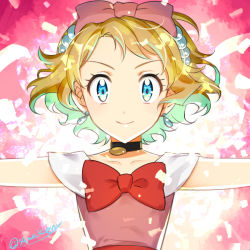 Rule 34 | 1girl, black choker, blonde hair, blue eyes, blue hair, bow, bowtie, choker, closed mouth, collarbone, creatures (company), game freak, hair bow, kanimaru, looking at viewer, multicolored hair, nintendo, outstretched arms, pink background, pink bow, pokemon, pokemon (anime), pokemon xy (anime), red bow, red bowtie, serena (pokemon), smile, solo, twitter username, two-tone hair, upper body