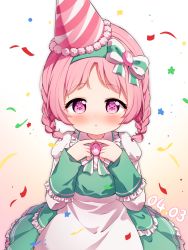 Rule 34 | 1girl, :&lt;, apron, blush, bow, braid, brown background, closed mouth, collared shirt, commentary request, dated, dress, fingers together, frilled dress, frilled shirt collar, frills, gradient background, green dress, green hairband, hair bow, hairband, hat, highres, juliet sleeves, long sleeves, looking at viewer, mimi (princess connect!), mimi (real) (princess connect!), parted bangs, party hat, pink hair, pleated dress, princess connect!, puffy sleeves, purple eyes, setmen, shirt, sleeveless, sleeveless dress, solo, streamers, striped, striped bow, twin braids, waist apron, white apron, white background, white shirt